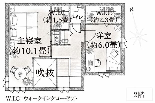 【2LDK】No.9_2階間取り図 10.1帖の主寝室には書斎としても利用できるマルチスペースを併設。吹抜隣接で開放感のある間取りです。
