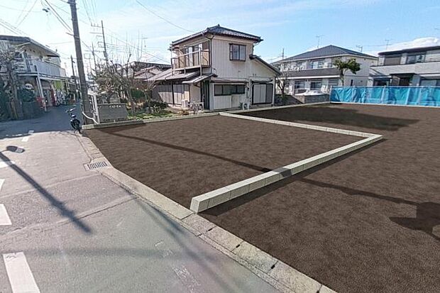 【No.1_土地1(撮影_2025年3月)】南道路で広めの区画設定なので日当たりが良く、隣地のお住まいも比較的お庭を広くとっており日照を遮りにくい状況です。※一部CG画像を含みます。