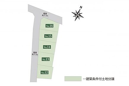 全体区画図　全区画40坪以上。駐車場2台とお庭スペースが確保できるゆとりある敷地です。 