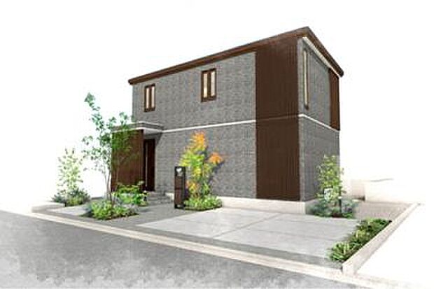 【3ＬＤＫ】No.8_外観イメージパース　敷地形状を活かして駐車場とガーデンスペースをセパレートしています。※画像はすべてCGです。