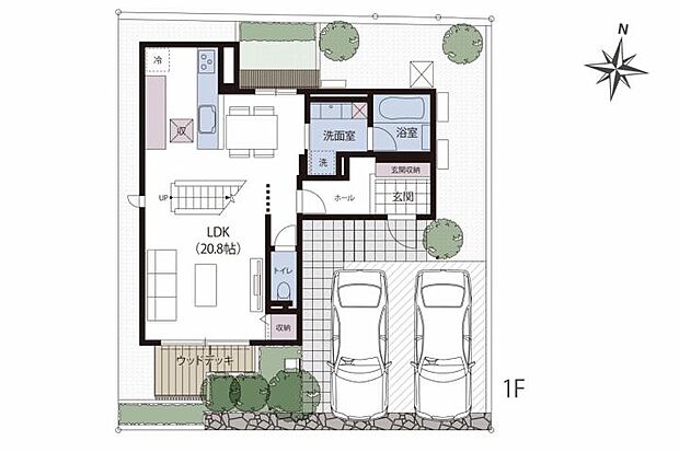 【3ＬＤＫ】No.4_プラン図1F　駐車場2台分、南北それぞれのお庭にはウッドデッキも完備。ゆとりある敷地計画です。