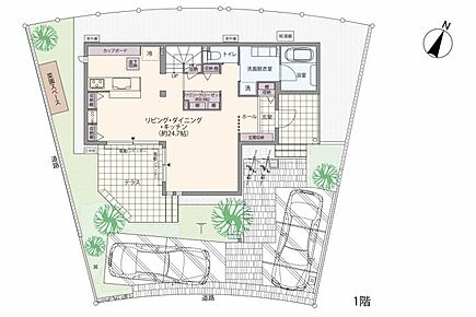 No62間取り図1Fテラスとつながる開放的なリビングで、子供はのびのび遊び、大人はゆっくりくつろぐ。家族時間が自然と育まれる住まいプラン 