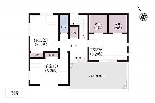 【4LDK】No.5_間取り図2F 主寝室はウォークインクローゼットが2つあり、たっぷり収納できます。