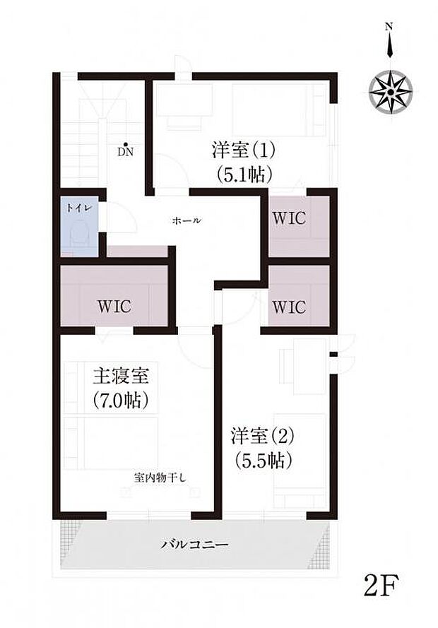 【4ＬＤＫ】No.1_間取り図2F　2階の各居室にWICを備え、家族それぞれの衣類や荷物をすっきり収納できます。