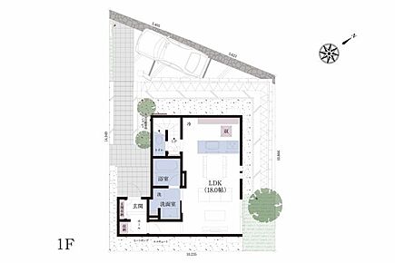 No.5_間取り図1F　リビングを通って2階へ上がる動線と、LDKを見渡せるオープンキッチンが、家族の自然なコミュニケーションを育みます。 