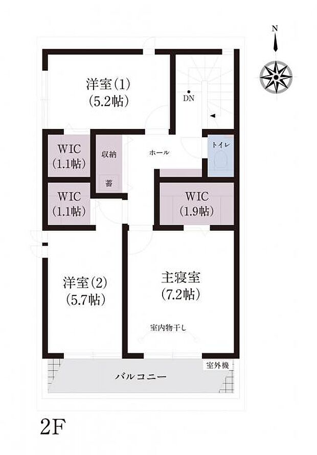 【4LDK】No.1_間取り図2F 全居室にウォークインクローゼット付き。収納家具を減らして居住空間を有効活用できます。