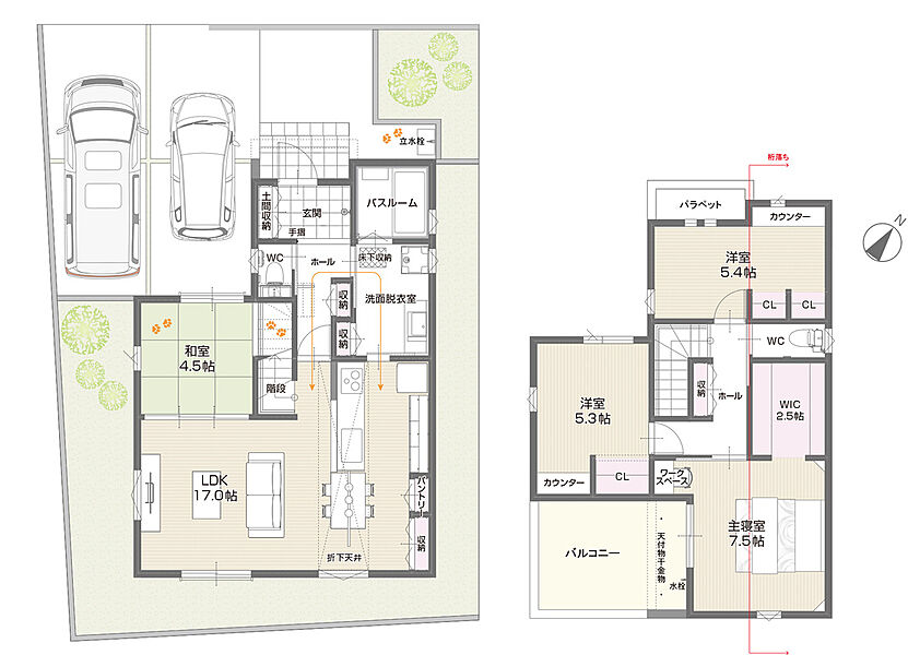 【間取図/B号地モデルハウス】
LDKと続き間設計の和室を合わせて、約21.5帖！家族を身近に感じられる、リビング階段を採用しています。2階の洋室は、それぞれカウンター付きで勉強や在宅ワークに便利です