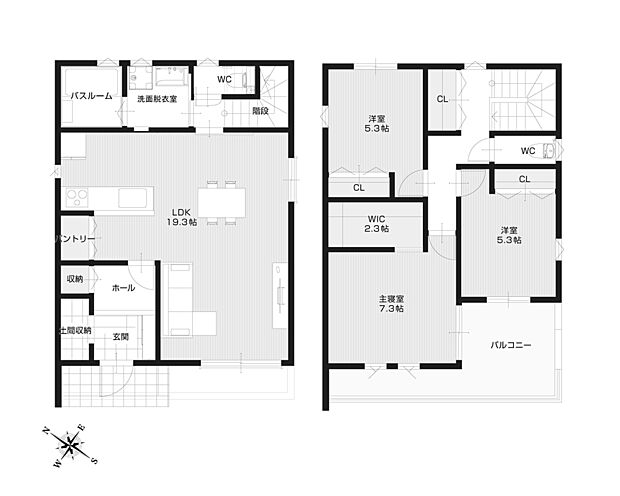 【間取図/B号地】リビングとダイニングをゾーニングしやすい形状のLDKは約19.3帖。1階と2階を行き来するご家族にも声を掛けやすいリビングアクセス階段仕様です。階段前の引戸は来客時に締め切ることも。