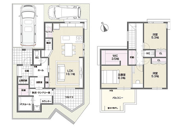 【【参考プラン例 間取図(20号地)】】開放感を損なわずに空間がゾーニングされ、天井高を感じられるピットリビング。南窓の外に広がる「つなテラ」へ視界が広がり、よりを伸びやかな団らん空間です。
「つなテラ」はウォールで囲まれており、脱衣・ランドリー室からも出入り可能!おうちBBQなどのアウトドアを楽しんだり、洗濯物の外干しなど、外部からの視線を気にせずマルチにご活用いただけます。
主寝室のカウンターは腰壁で仕切られ、程よいこもり感によりリモートワークなども捗ります。
/土地面積121.93m2、建物価格未定、建物面積105.99m2