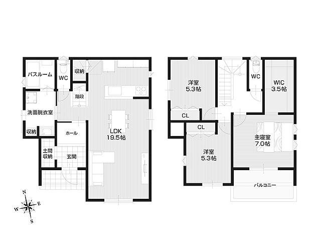 【B号地】◎玄関に土間収納を配置し、ベビーカーやアウトドア用品の保管などに。
◎LDKは約19.5帖。リビングが大きな南窓に面し、ソファーなどを置いて、昼下がりを陽光に触れながらお過ごしいただけます。
◎対面キッチンからリビング、ダイニングへ視界が広がり、開放的です。
◎2階3洋室は振り分けタイプ。全居室収納付きです。
◎2階主寝室は約7帖。約3.5帖のWICに衣類や小物がたっぷり収まり、広くお使いいただけます。
◎バルコニーは一部が屋根付き。主寝室からアプローチができ、陽光や風を室内に届けます。
