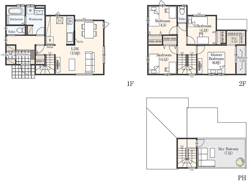 LDK17.0帖/リビング階段/シューズインクローゼット/対面キッチン/主寝室WIC/全居室収納/駐車スペース1台分/スカイバルコニー