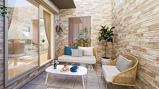 ◇リビングからつながる開放的なロジアは、光と風を感じながらくつろげる特別な空間。室内と屋外をゆるやかに繋ぎ、カフェタイムや読書にも最適です。