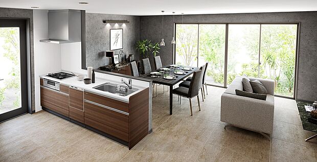 【キッチン】美しく使いやすくデザインや素材にこだわった仕様。スタイリッシュなフラットスリムレンジフード/浄水器一体型省エネシングル水栓/食器洗い乾燥機※IMAGE