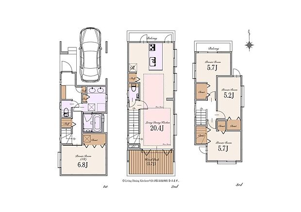 【3LDK+1S】建物面積:124.64m2(車庫面積 13.13m2・外部面積 3.03m2・備蓄倉庫面積 0.91m2を含む)