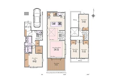 建物面積：152.82m2（車庫12.70m2・駐輪場1.61m2・敷地内通路4.44m2・外部1.60m2含む） 