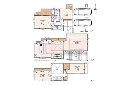 建物面積：196.45m2（車庫面積25.82m2、バルコニー面積6.28m2、ポーチ・外部面積5.06m2・0.36m2含む） 