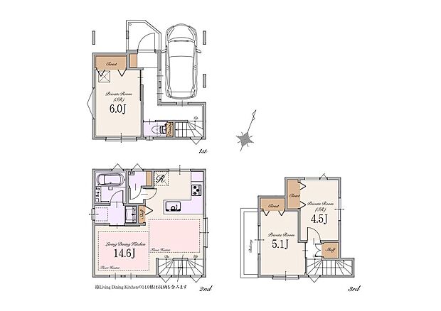 【建物参考プラン】土地価格:6,990万円 建物参考プラン価格:2,600万円(税込) 総額:9,590万円(税込) 土地面積:約51m2 建物面積:約88m2(車庫面積・駐輪場面積約12m2含む)