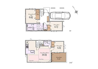 建物面積:88.14m2（車庫面積9.65m2・ポーチ部分1.28m2含む）
土地面積:79.42m2（建築確認申請上の控除面積0.17m2含む） 