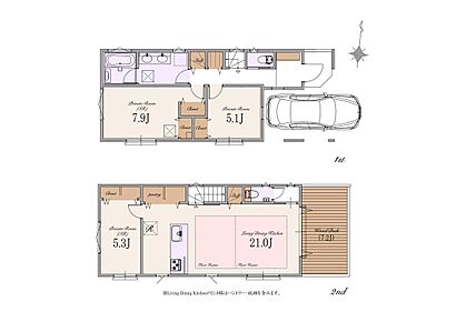 建物面積：106.20m2 (車庫12.44m2、ポーチ1.44m2含む) 