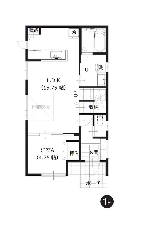【1階間取図】
対面キッチン、リビング階段を採用しご家族とのコミュニケーションが取りやすい間取りです。