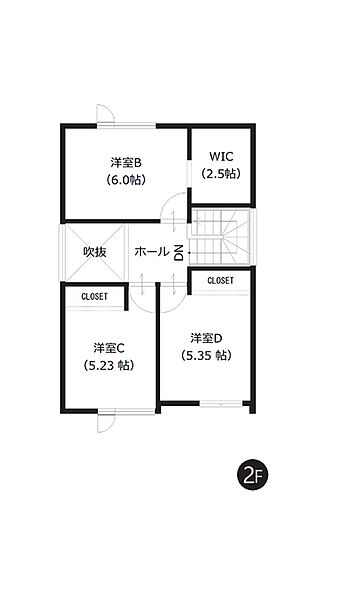 【2階間取図】
2階に洋室を振り分けることで、ご家族間でのプライベート空間も確保。全部屋に収納や窓付きで使い勝手の良い間取りです。