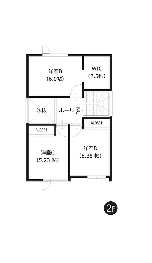 【2階間取図】
2階に洋室を振り分けることで、ご家族間でのプライベート空間も確保。全部屋に収納や窓付きで使い勝手の良い間取りです。