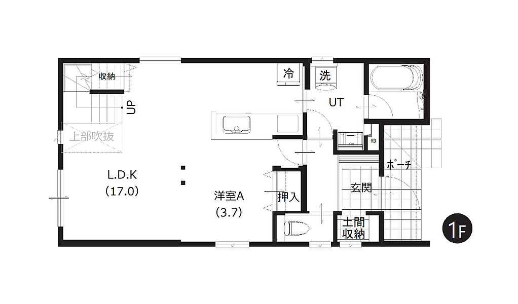 【1階間取図】
家族が自然と集まるLDKは、吹抜け仕様で開放感がございます。回遊動線が可能で生活動線も良好です。