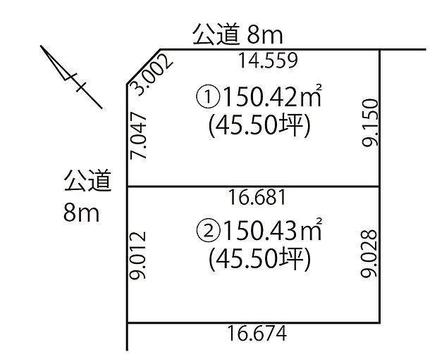【全体区画図】
角地を含む全2区画!地勢はプランの自由度が高まり、建築後の生活もしやすい平坦地な整形地です。