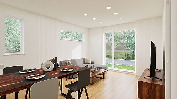 【完成予想図】
LDKはうれしい2面採光。陽当り・通風良好。明るいリビングは自然とご家族が集まりますね。