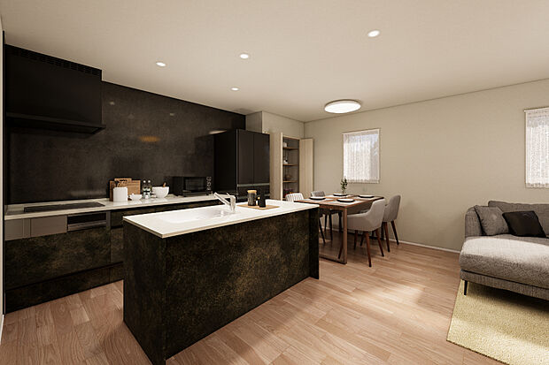 【1号地：LDK】II型キッチン採用のお家、毎日の家事ラクをサポートします／完成予想パース