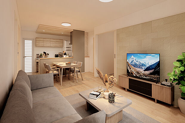 【2号地：LDK】約16.87帖のLDK。
アクセントクロスや木目調の天井が映えるナチュラルな空間◎/2号地パース