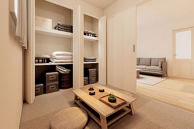 【2号地：和室】リビングに面した和室はお子さまの遊び場やお昼寝場として活躍！休日にゆったりくつろぐスペースとしても有効的に使用できます♪/2号地パース