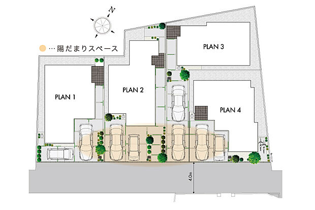 アプローチ部分に開放感を演出する街区計画