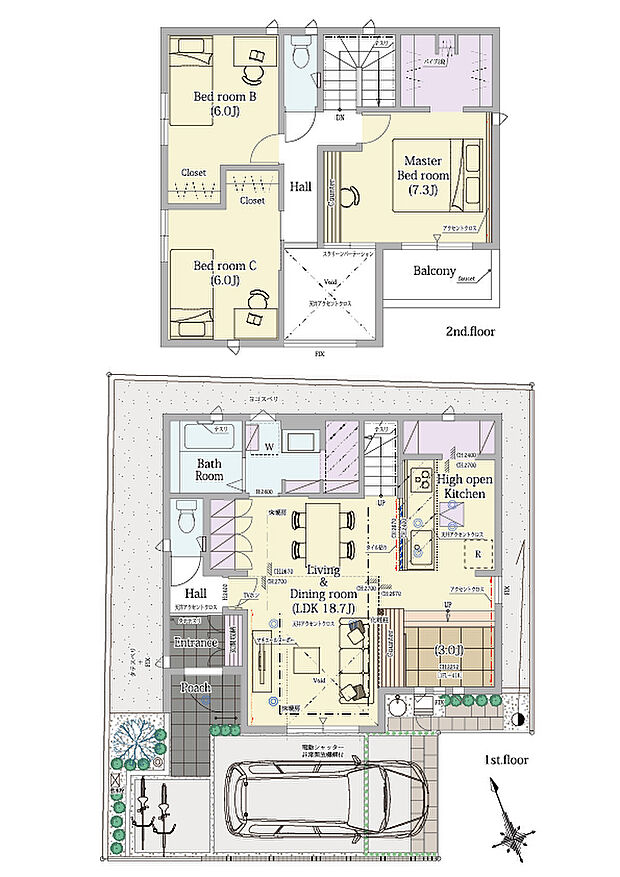 【3LDK】3LDK+小上がりラウンジ+ウォークインクロゼット+ファミリーステーション

■敷地面積：105.50m2(31.91坪)
■建物面積：  96.26m2(29.06坪)
■１階面積：  51.34m2(15.50坪)
■２階面積：  44.92m2(13.56坪)