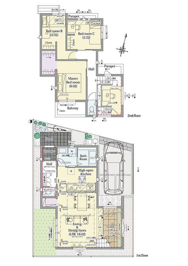 【3LDK】3LDK+見晴らしラウンジ+籠りラウンジ+ウォークインクロゼット+パントリー
■敷地面積:100.11m2(30.28坪)
■建物面積: 93.15m2(28.12坪)
■1階面積: 48.85m2(14.75坪)
■2階面積: 44.30m2(13.37坪)