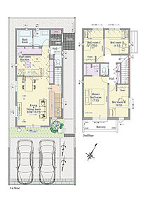 4LDK+小上がりラウンジ+ファミリーステーション+ウォークインクロゼット+パントリー

■敷地面積：130.00m2(39.32坪)
■建物面積：  99.47m2(29.86坪)
■１階面積：  51.13m2(15.43坪)
■２階面積：  48.34m2(14.43坪) 