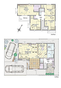 5LDK(4LDK対応可※有料オプション)+ウォークインクロゼット+お出掛けクロゼット

■敷地面積：124.55m2(37.67坪)
■建物面積：100.19m2(30.24坪)
■１階面積：  50.92m2(15.37坪)
■２階面積：  49.27m2(14.87坪) 