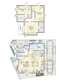 3LDK+ウォークインクロゼット+パントリー

■敷地面積：102.08m2(30.87坪)
■建物面積：  89.94m2(27.14坪)
■１階面積：  46.16m2(13.93坪)
■２階面積：  43.78m2(13.21坪) 