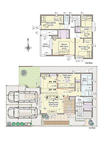 4LDK+小上がりラウンジ+ウォークインクロゼット+シューズクローク+パントリー

■敷地面積：130.10m2(39.35坪)
■建物面積：101.84m2(29.00坪)
■１階面積：  90.92m2(15.37坪)
■２階面積：  50.92m2(13.62坪) 
