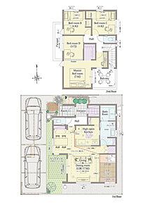 4LDK(3LDK対応可※有料オプション)+小上がりラウンジ+ウォークインクロゼット+シューズクローク+パントリー

■敷地面積：125.11m2(37.84坪)
■建物面積：  97.40m2(29.40坪)
■１階面積：  52.48m2(15.84坪)
■２階面積：  44.92m2(13.56坪) 
