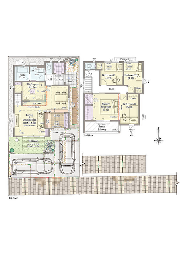 【4LDK(3LDK対応可※有料オプション)】4LDK(3LDK対応可※有料オプション)+小上がりラウンジ+ウォークインクロゼット+シューズクローク+パントリー
■敷地面積:170.28m2(51.50坪)
■建物面積:101.85m2(29.05坪)
■1階面積: 50.10m2(15.12坪)
■2階面積: 51.75m2(13.93坪)
※敷地面積には協定地部分54.20m2を含みます。