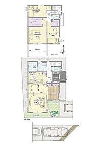 4LDK+2ウォークインクロゼット+シューズクローク+パントリー

■敷地面積：117.75m2(35.61坪)
■建物面積：  96.05m2(29.00坪)
■１階面積：  52.17m2(15.75坪)
■２階面積：  43.88m2(13.25坪) 
