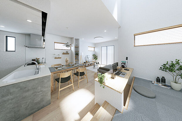 【家族が想い描く住み心地の良さを受け止めるプランニング】淡い色合いがほっと心を和ませるLDK。小上がりラウンジやSOHO、ワイドリビング、家族の居場所となる３スタイルのプランにそれぞれちがった心地よさをちりばめました。