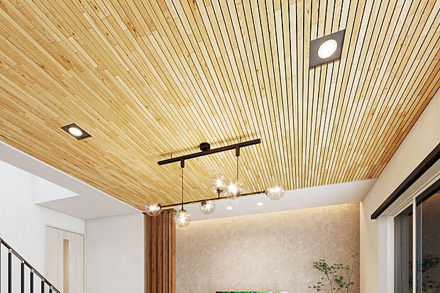 【天井木パネル】リビングの天井に木の質感を感じるパネルをあしらいました。優しくナチュラルな雰囲気が家族の憩いの時間を包み込みます。
※PLAN1で採用