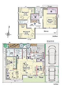 3LDK+ファミリークロゼット+ウォークインクローゼット+パントリー+シューズクローク

■敷地面積：108.63m2(32.86坪)
■建物面積：99.63m2(29.93坪)
■１階面積：52.02m2(15.56坪)
■２階面積：47.61m2(14.37坪) 