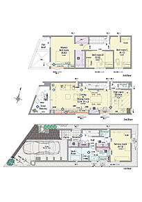 3LDK+サービスルーム+ウォークインクロゼット+パントリー

■敷地面積：83.72m2(25.32坪)
■建物面積：138.83m2(41.14坪)
■１階面積：50.61m2(15.28坪)
※車庫除く：35.19m2(10.62坪)
■２階面積：45.37m2(12.93坪)
■３階面積：42.87m2(12.93坪) 