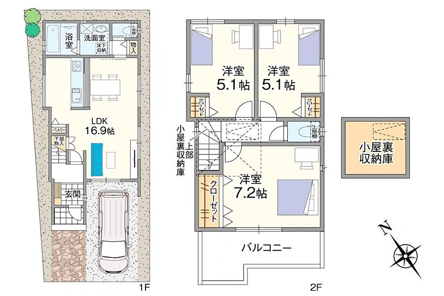 【間取り図(1号地)】
1階にリビングと水回りをまとめた生活動線の良い2階建・3LDK。シーズンオフの季節家電やイベントグッズもたっぷり仕舞える小屋裏収納庫付きです。