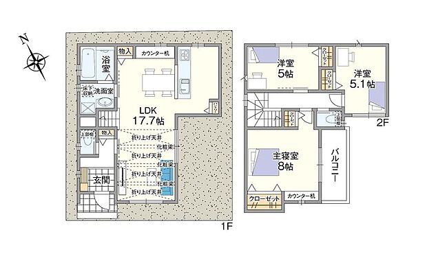 リビングは折り上げ天井と化粧梁が採用し、開放感と美しいデザインが際立ちます。南東バルコニーサイドの主寝室は約8帖の広々とした空間を確保。2つのクローゼットとPC作業に便利なカウンター机を造り付けしまし