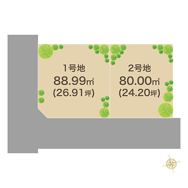【全体区画図】総2区画！敷地を無駄なく利用でき、多彩なプランをご検討いただける整った形状です。2駅2沿線が徒歩10分圏内×学近で子育て世帯にも暮らし良いエリア！近隣に公開中のモデルハウスもございます。