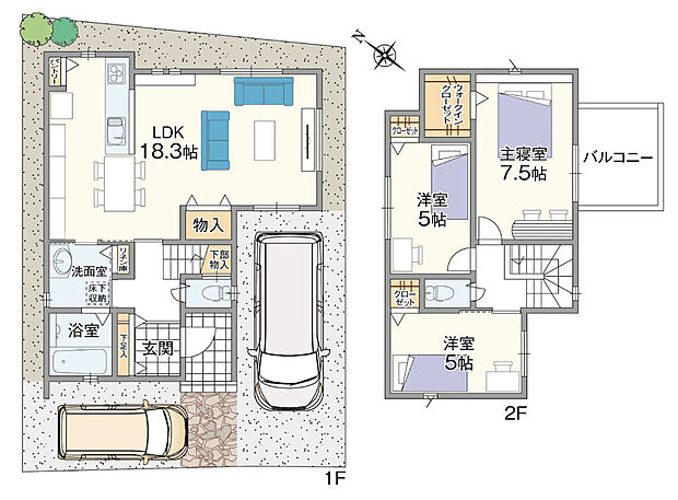 【3号地/間取図】3面採光で自然光に包まれる約18.3帖LDKは、キッチンとダイニングが横並びでスッキリとしたレイアウト。主寝室は南バルコニーに面しWIC付き。ベッドを置いてもゆとりの約7.5帖です。